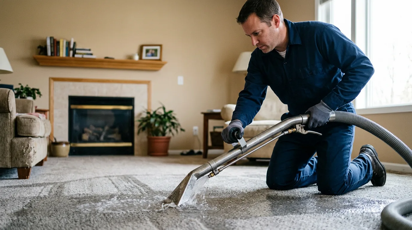 Water damage restoration technician working near Burdett, KS
